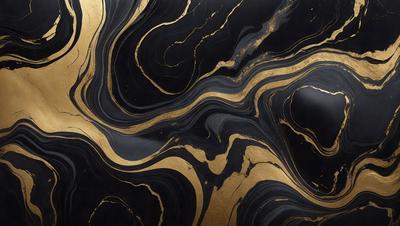 The primary subject of the image is a black and gold marbled surface, which appears to be a piece of art or a decorative item. The setting is a close-up view of the marbled surface, showcasing its intricate patterns and textures. The visual style of the image is a combination of artistic and digital elements, creating a unique and eye-catching appearance. The dominant colors in the image are black and gold, giving the surface a luxurious and sophisticated look.