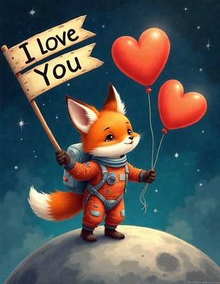 The image features a cute cartoon fox character wearing a space suit and holding a sign that reads "I love you." The fox is standing on a planet, and there are two red hearts floating in the background. The scene is set in a space environment, and the visual style is a combination of digital art and illustration. The colors are predominantly red and white, creating a warm and loving atmosphere.