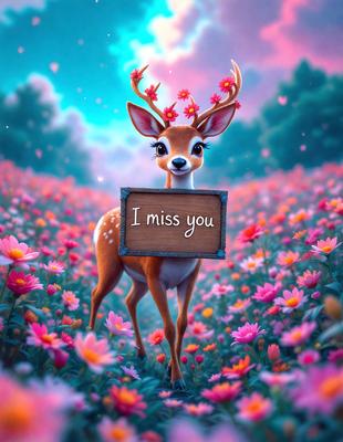Primary subject: A deer with a sign that says "I miss you"
Setting/background: A field of flowers
Visual style: Digital art
Colors and mood: Pink and vibrant, conveying a sense of love and longing.