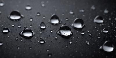 The primary subject of the image is a close-up of raindrops on a black surface. The setting is a dark background, and the visual style is a photo. The raindrops are the dominant colors, and the overall atmosphere is moody and atmospheric.
