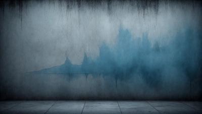 The primary subject of the image is a large, blue painting on a wall. The painting features a cityscape, with a skyline visible in the background. The setting is an urban environment, and the visual style appears to be a combination of digital art and illustration. The dominant colors in the painting are blue and gray, creating a calm and serene atmosphere.