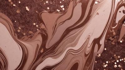 The primary subject of the image is a close-up of a chocolate-covered surface, possibly a cake or a piece of chocolate art. The setting is a dark background, which contrasts with the rich brown color of the chocolate. The visual style appears to be a close-up of a textured surface, possibly a pattern or a texture, with a focus on the chocolate. The colors and mood of the image are predominantly dark and moody, with the chocolate serving as the main focal point.