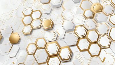 The primary subject of the image is a pattern of hexagonal shapes, which are arranged in a honeycomb-like structure. The setting is a white background, which provides a clean and minimalist appearance. The visual style is a combination of digital art and illustration, creating a unique and intricate design. The dominant colors are gold and white, giving the pattern a warm and elegant feel.