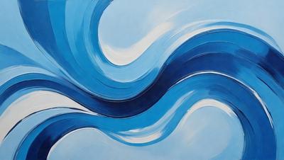 The primary subject of the image is a blue and white painting of a wave. The setting is a white background, and the visual style appears to be a digital art or illustration. The dominant colors in the painting are blue and white, creating a serene and calming atmosphere.