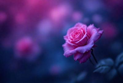 The primary subject of the image is a single pink rose. The rose is the focal point of the image, and it is set against a purple background. The visual style of the image is a close-up of the rose, which highlights its delicate petals and details. The colors and mood of the image are predominantly pink and purple, creating a sense of elegance and beauty.