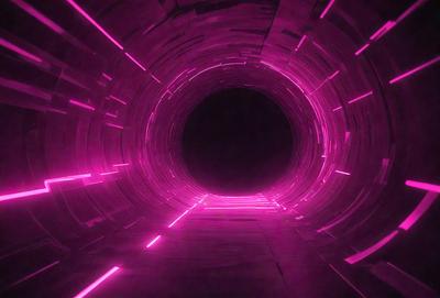 The primary subject of the image is a tunnel with a pink light illuminating it. The setting is a dark environment, and the visual style appears to be a combination of a photo and digital art. The dominant colors are pink and purple, creating a unique and vibrant atmosphere.