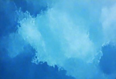 The primary subject of the image is a cloud in the sky. The cloud is large and occupies a significant portion of the image. The setting is a blue sky, which provides a contrasting background for the cloud. The visual style of the image is a photo, capturing the cloud's natural beauty. The colors in the image are predominantly blue, creating a calm and serene atmosphere.