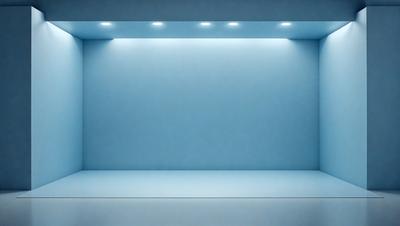 The primary subject of the image is a blue wall with a light shining on it. The setting is a room with a blue background, and the visual style is a photo. The dominant colors are blue and white, creating a calm and serene atmosphere.