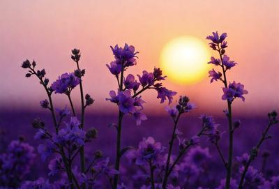 The primary subject of the image is a field of purple flowers, with a sunset in the background. The setting is a field of flowers, and the visual style is a photo. The dominant colors are purple and orange, creating a serene and peaceful atmosphere.