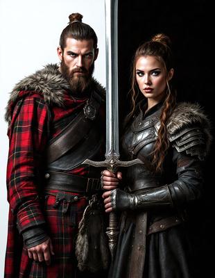 The primary subject of the image is a man and a woman dressed in medieval costumes, standing together and holding swords. The setting appears to be a dark, possibly medieval-themed environment. The visual style of the image is a black and white photo, which adds a dramatic and timeless quality to the scene. The dominant colors are black and white, with the medieval costumes and swords adding a touch of contrast and detail to the image. The overall atmosphere of the image is one of adventure and camaraderie between the two characters.