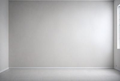 The primary subject of the image is a white wall with a large, empty space. The setting is a room with a white floor, and the visual style is a photo. The colors and mood of the image are predominantly white, creating a clean and minimalist atmosphere.