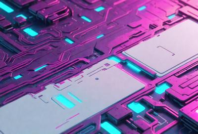 The primary subject of the image is a close-up of a computer circuit board with a purple and blue color scheme. The setting is a computer circuit board, and the visual style is a digital art or illustration. The dominant colors are purple and blue, creating a futuristic and technological atmosphere.