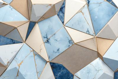 The primary subject of the image is a large, intricate, and colorful marble tile design. The setting is a room with a blue and white marble wall, which serves as the backdrop for the tile design. The visual style of the image is a combination of photo and digital art, creating a unique and eye-catching pattern. The dominant colors in the image are blue and white, giving the overall atmosphere a sense of elegance and sophistication.