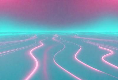 The primary subject of the image is a blue and pink swirling pattern, which appears to be a digital art or illustration. The setting is a large, open space with a purple background, giving the scene a futuristic and surreal atmosphere. The visual style is a combination of digital art and illustration, creating a unique and captivating image.