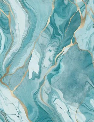 The primary subject of the image is a blue and white marbled wall with gold accents. The setting is a bathroom, and the visual style is a combination of photo and digital art. The dominant colors are blue, white, and gold, creating a serene and elegant atmosphere.