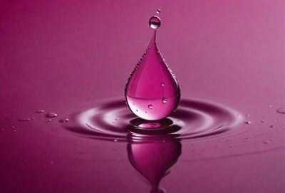 The primary subject of the image is a single drop of pink liquid, which appears to be a water droplet. The setting is a pink background, which creates a visually striking contrast with the drop. The visual style of the image is a close-up, focusing on the details of the drop. The colors and mood of the image are predominantly pink, giving it a warm and inviting atmosphere.