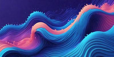 The primary subject of the image is a large, colorful wave. The wave is depicted in a vibrant blue, pink, and purple color scheme, creating a lively and energetic atmosphere. The setting is a vast ocean, with the wave extending across the entire image. The visual style is a digital art or illustration, showcasing the artist's creativity and skill in capturing the dynamic nature of the wave.