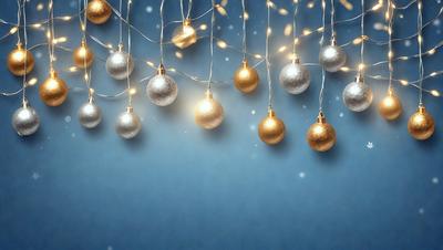 The primary subject of the image is a string of Christmas lights, which are hanging from the ceiling. The lights are shining brightly, creating a festive atmosphere. The setting is a blue background, which contrasts with the lights, making them stand out even more. The visual style of the image is a combination of photo and digital art, as it captures the essence of the Christmas lights while also showcasing the intricate details of the lights. The colors and mood of the image are predominantly blue and festive, as the lights are the main focus and create a sense of celebration.