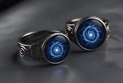 The primary subject of the image is a pair of silver rings with blue swirls on them. The rings are placed on a table, which serves as the setting. The visual style of the image is a close-up of the rings, showcasing their intricate design. The dominant colors in the image are silver and blue, creating a sense of elegance and sophistication.