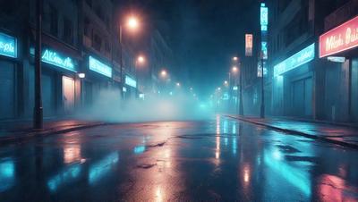 The primary subject of the image is a city street at night, with a wet road reflecting the lights of the street lamps. The setting is a city street with buildings in the background, and the visual style is a photo. The colors and mood of the image are predominantly blue, with the wet road reflecting the lights and creating a moody atmosphere.