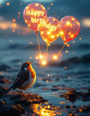 The primary subject of the image is a small bird standing on a beach. The bird is surrounded by a beautiful and serene environment, with a sandy beach and a body of water nearby. The visual style of the image is a combination of photo and digital art, creating a unique and captivating scene. The colors and mood of the image are predominantly warm and calming, with the bird being the focal point of the composition.