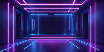 The primary subject of the image is a purple and blue neon-lit room. The setting is a dark room with a purple and blue neon glow, creating a futuristic and vibrant atmosphere. The visual style is a digital art or illustration, as the room is filled with a pattern of purple and blue neon lights. The colors and mood of the image are predominantly purple and blue, with a sense of excitement and energy.