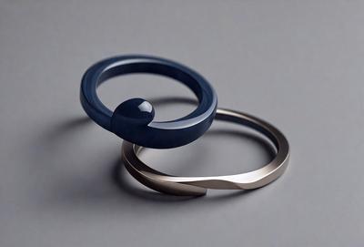 The primary subject of the image is a pair of rings, one blue and one gold, placed on a grey surface. The setting is a table, and the visual style appears to be a photo. The dominant colors are grey and the overall atmosphere is neutral and elegant.