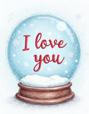 The primary subject of the image is a snow globe with the words "I Love You" written on it. The setting is a white background, and the visual style is a hand-drawn illustration. The colors and mood of the image are predominantly white, with a touch of red from the words "I Love You."