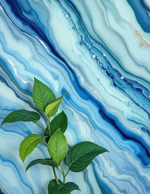 The primary subject of the image is a leafy green plant, which is the main focus of the image. The plant is placed on a blue and white marbled surface, creating a visually appealing contrast between the plant and the background. The visual style of the image is a close-up of the plant, showcasing its details and texture. The colors and mood of the image are predominantly green and blue, giving it a calm and serene atmosphere.