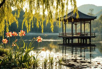 Primary subject: A small wooden structure, possibly a gazebo, with a red roof, situated on a pier over a body of water.

Setting/background: The structure is surrounded by water, with a few flowers nearby. The scene appears to be a serene and peaceful environment.

Visual style: The image is a photo of the wooden structure and its surroundings.

Colors and mood: The primary colors in the image are red and green, with the red roof of the gazebo and the greenery surrounding the structure. The overall atmosphere is calm and tranquil.