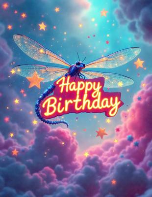 Happy birthday: [a colorful, star-filled background with a dragonfly or butterfly, possibly a digital art or illustration, with a pink and blue color scheme]