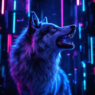 The primary subject of the image is a wolf with its mouth open, standing in front of a purple background. The visual style of the image is digital art, and the dominant colors are purple and blue. The wolf appears to be in a menacing or aggressive pose, creating a tense and dramatic atmosphere.