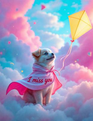The primary subject of the image is a small dog, which is the main focus of the scene. The dog is wearing a pink cape and is standing on a cloud. The setting is a pink and blue sky, which serves as the backdrop for the image. The visual style of the image is a combination of photo and digital art, creating a whimsical and playful atmosphere. The dominant colors in the image are pink and blue, which contribute to the overall mood of the scene.