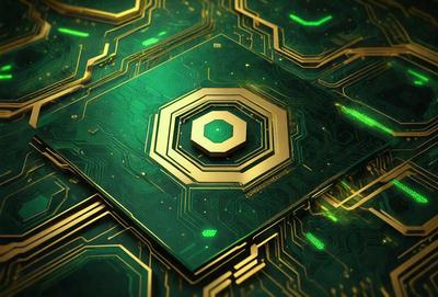 The primary subject of the image is a gold and green geometric pattern. The setting is a green background, and the visual style appears to be a digital art or illustration. The dominant colors are gold and green, creating a warm and vibrant atmosphere.