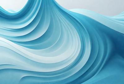The primary subject of the image is a large, blue, wavy surface that resembles a wave or a waterfall. The setting is a white background, which contrasts with the blue wave. The visual style is a digital art or illustration, as the wave appears to be a digital creation. The dominant colors are blue and white, creating a calm and serene atmosphere.