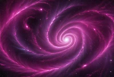 The primary subject of the image is a large, swirling, pink spiral. The spiral is the main object, scene, or focus of the image. The setting or background of the image is a dark, starry sky, which adds to the overall atmosphere. The visual style of the image is a combination of digital art and illustration, creating a unique and captivating visual experience. The dominant colors in the image are pink and purple, which contribute to the overall mood and aesthetic of the scene.