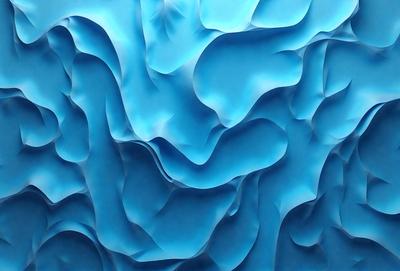 The primary subject of the image is a blue, textured wall with a patterned design. The setting is a room with a blue background, and the visual style appears to be a combination of digital art and illustration. The dominant colors in the image are blue and white, creating a calm and soothing atmosphere.