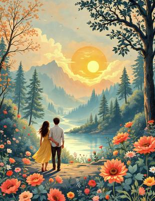 Primary subject: A man and a woman walking together in a beautiful, flower-filled forest.

Setting/background: The couple is walking on a dirt path, surrounded by trees and flowers. The sun is shining, creating a warm and inviting atmosphere.

Visual style: The image is a digital art or illustration, featuring a vibrant and detailed forest scene.

Colors and mood: The colors in the image are predominantly warm and natural, with shades of yellow, orange, and green. The overall mood is serene and romantic, as the couple enjoys their time together in the picturesque forest setting.