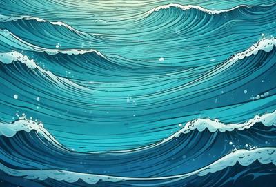 The primary subject of the image is a large wave in the ocean. The wave is blue and white, and it appears to be crashing onto the shore. The setting is the ocean, with the wave being the main focus of the image. The visual style is a combination of digital art and illustration, creating a dynamic and realistic representation of the wave. The dominant colors are blue and white, with the blue wave contrasting against the white ocean foam. The overall atmosphere of the image is energetic and powerful, capturing the force of the ocean's waves.