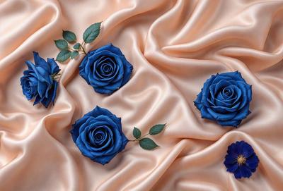 The primary subject of the image is a bouquet of blue roses. The setting is a pink fabric, which serves as the background. The visual style is a close-up of the blue roses, showcasing their beauty. The colors and mood of the image are predominantly pink and blue, creating a serene and elegant atmosphere.