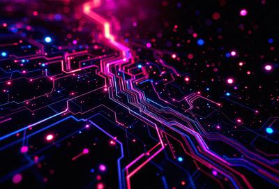 The primary subject of the image is a colorful, abstract pattern that resembles a computer circuit board. The setting is a dark background, which contrasts with the bright colors of the pattern. The visual style is a combination of digital art and illustration, creating a unique and eye-catching design. The dominant colors are pink, blue, and purple, giving the pattern a vibrant and energetic atmosphere.