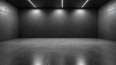 The primary subject of the image is a large, empty room with a black wall. The setting is a dark room with a black wall, and the visual style is a black and white photo. The room appears to be a large, empty space with no furniture or decorations, giving it a stark and minimalist atmosphere.