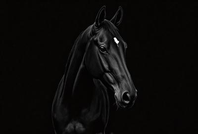 Primary subject: A black horse with a white spot on its forehead.

Setting/background: A dark background.

Visual style: A black and white drawing.

Colors and mood: The image is in black and white, giving it a classic and timeless feel. The horse's white spot stands out against the dark background, creating a striking contrast.