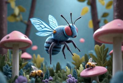 The primary subject of the image is a blue and yellow bee with red eyes, flying over a field of purple flowers. The setting is a lush green field with mushrooms scattered around, creating a whimsical and colorful atmosphere. The visual style is a combination of digital art and illustration, with the bee and flowers depicted in vibrant colors. The overall mood of the image is cheerful and playful, with the bee and flowers creating a sense of wonder and delight.