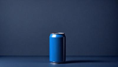 The primary subject of the image is a blue can of soda. The setting is a dark blue background, which creates a contrasting and dramatic effect. The visual style is a photo, capturing the details of the can and its surroundings. The colors and mood of the image are predominantly dark and moody, with the blue can standing out against the dark blue background.