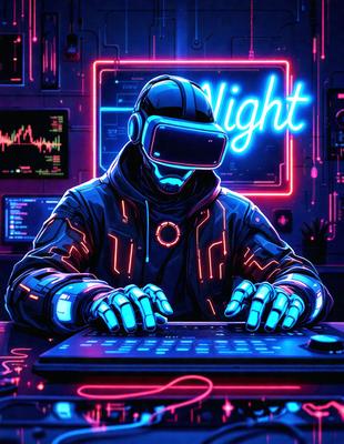 The primary subject of the image is a man wearing a virtual reality headset, sitting at a desk and using a computer keyboard. The setting is a futuristic environment, with a neon-lit background and a potted plant nearby. The visual style is a digital art or illustration, creating a vibrant and futuristic atmosphere. The colors and mood are predominantly blue and pink, giving the scene a sense of excitement and innovation.