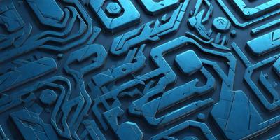 The primary subject of the image is a blue, metallic surface with a pattern of interlocking shapes. The setting appears to be a futuristic or industrial environment, with the blue surface serving as a backdrop. The visual style of the image is a combination of digital art and illustration, creating a unique and intricate design. The dominant colors in the image are blue and silver, giving the scene a sleek and modern appearance.