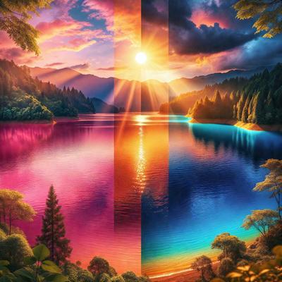The primary subject of the image is a beautiful sunset over a large body of water, with a mountain range in the background. The setting is a serene and picturesque landscape, with the sun shining brightly over the water. The visual style of the image is a combination of photo and digital art, creating a vibrant and colorful scene. The dominant colors in the image are pink, blue, and orange, which contribute to the overall mood of the scene, evoking feelings of tranquility and awe.