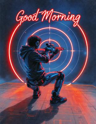 The primary subject of the image is a man in a hoodie holding a gun. He is kneeling down and appears to be aiming at a target. The setting is a room with a red circle on the wall, which serves as the backdrop for the scene. The visual style is a digital art illustration, giving the image a futuristic and dramatic atmosphere. The dominant colors are red and blue, with the red circle on the wall and the blue hoodie the man is wearing.