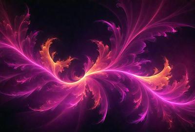 The primary subject of the image is a vibrant, colorful, and intricate floral pattern. The setting is a dark background, which contrasts with the bright and lively colors of the floral design. The visual style of the image is a combination of digital art and illustration, creating a unique and eye-catching pattern. The dominant colors in the image are pink, purple, and orange, which contribute to a warm and inviting atmosphere.